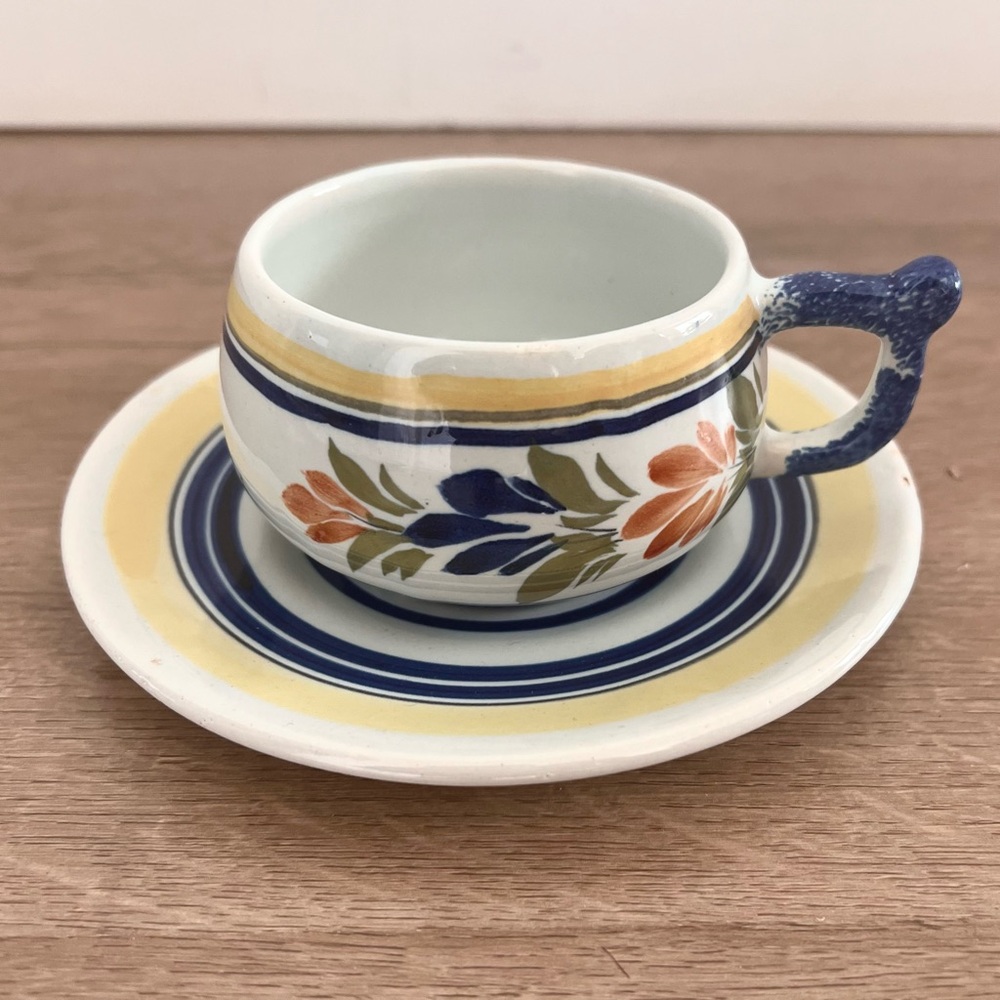 Vintage 1930s Henriot Quimper France #80 Tea Cup and Saucer Breton Mistra Floral